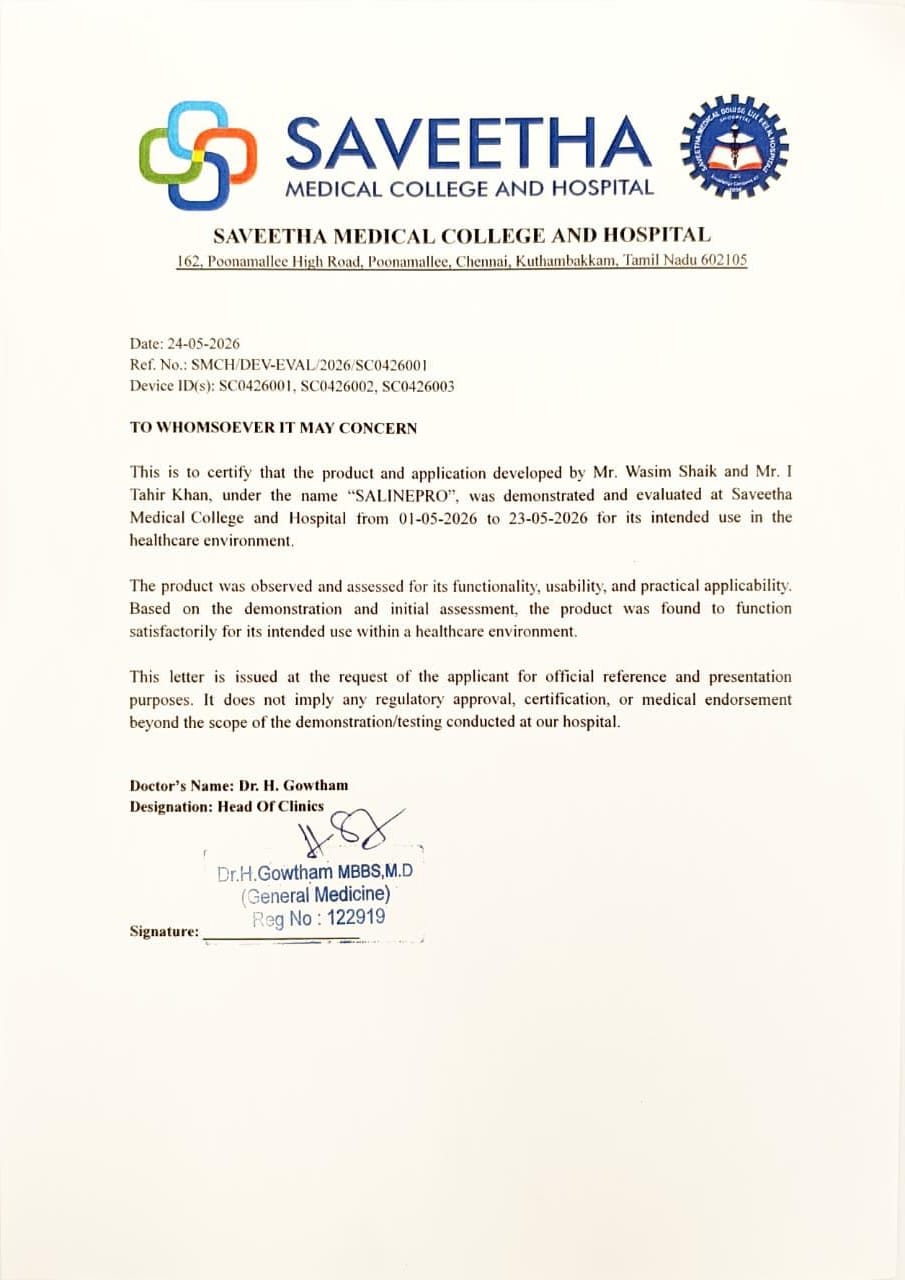 SALINE PRO hospital evaluation certificate